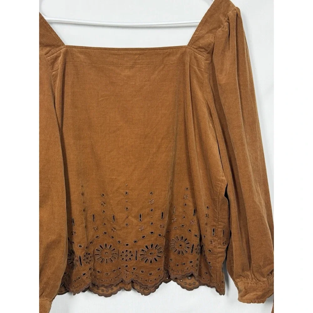 Madewell Corduroy Eyelet Embroidered Tie Sleeve Blouse Brown L Cottagecore